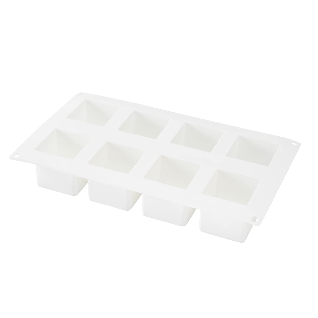 Pastry Tek 8 Cavities Square Cupcake Pan, 1 Oven-Ready Square Mold - Flexible, Freezable, White Silicone Petit Four Mold, Easy Release, For Baking - Restaurantware