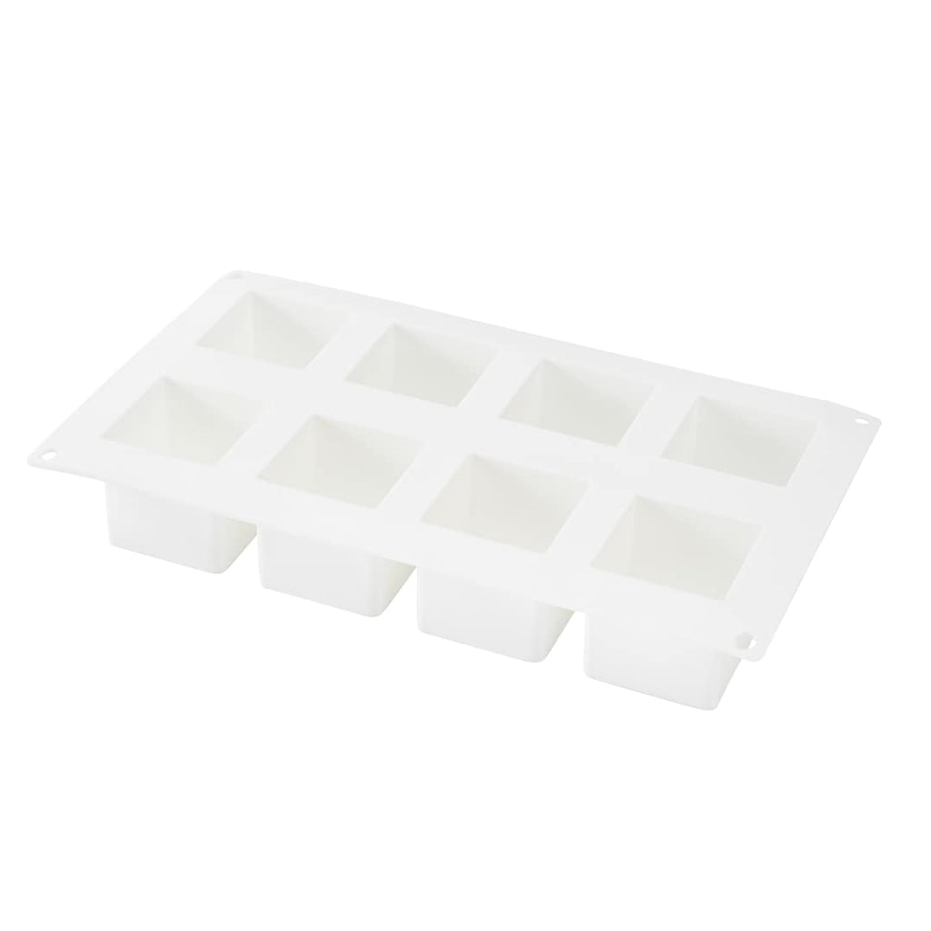 Pastry Tek 8 Cavities Square Cupcake Pan, 1 Oven-Ready Square Mold - Flexible, Freezable, White Silicone Petit Four Mold, Easy Release, For Baking - Restaurantware