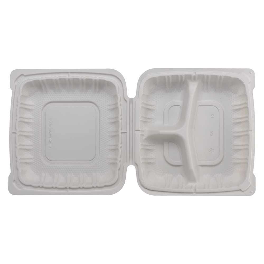 TIYA Clamshell Food Containers - White Bulk 150 Pack, 8x8 in - 3-Compartment To-Go Containers - Microwavable Plastic with Hinged Lid - Great for Meal Prep - BPA-Free