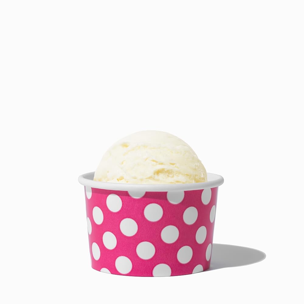 UNIQ 4 oz 1000 Pack Pink Polka Dot Ice Cream Cups | Disposable Leak Resistant Paper Dessert Cups for Ice Cream, Frozen Yogurt & Gelato | Small Food Serving Cups for Parties, Catering & Business