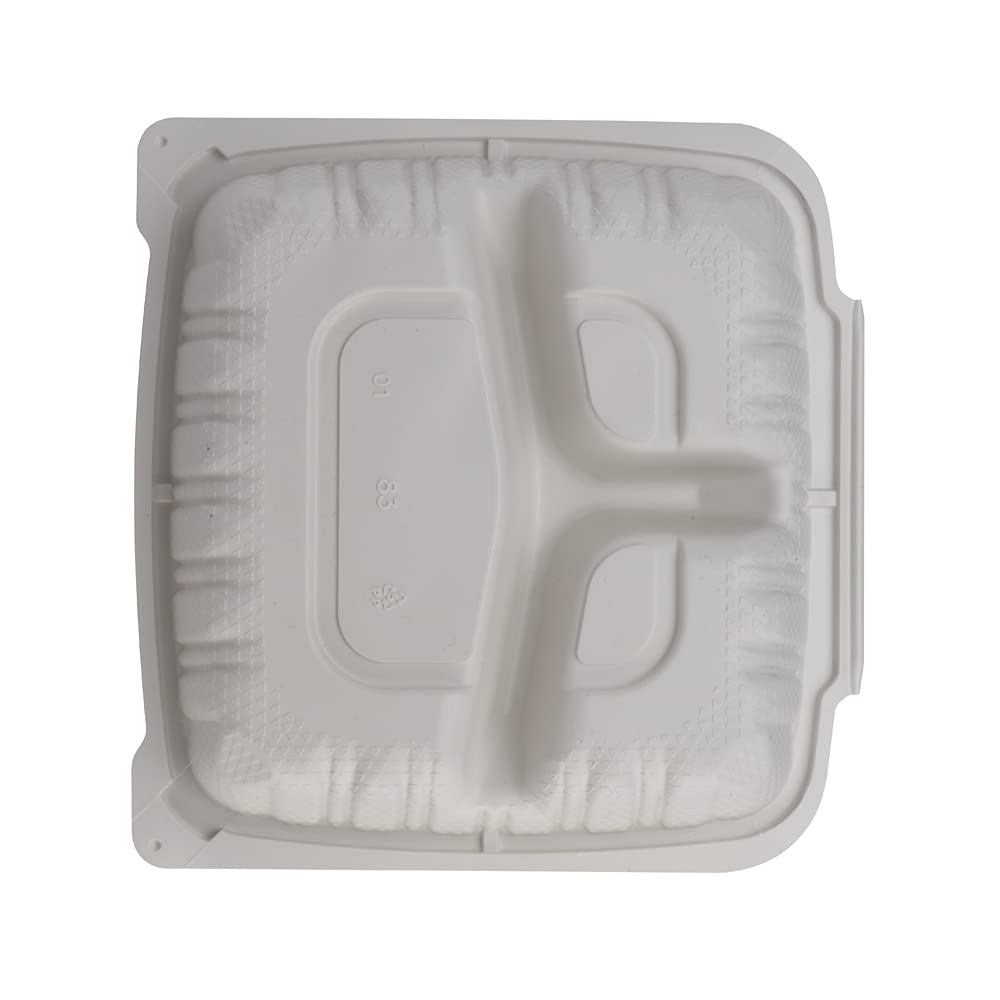 TIYA Clamshell Food Containers - White Bulk 150 Pack, 8x8 in - 3-Compartment To-Go Containers - Microwavable Plastic with Hinged Lid - Great for Meal Prep - BPA-Free
