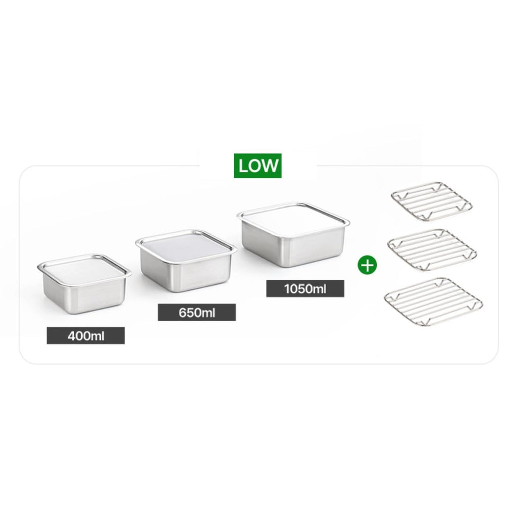EVERSTEN CuBE Low 3PCS Set Stainless Steel Food Storage Containers With Lids and 3 Net Kitchen Appliances Dishwasher Safe Premium South Korea