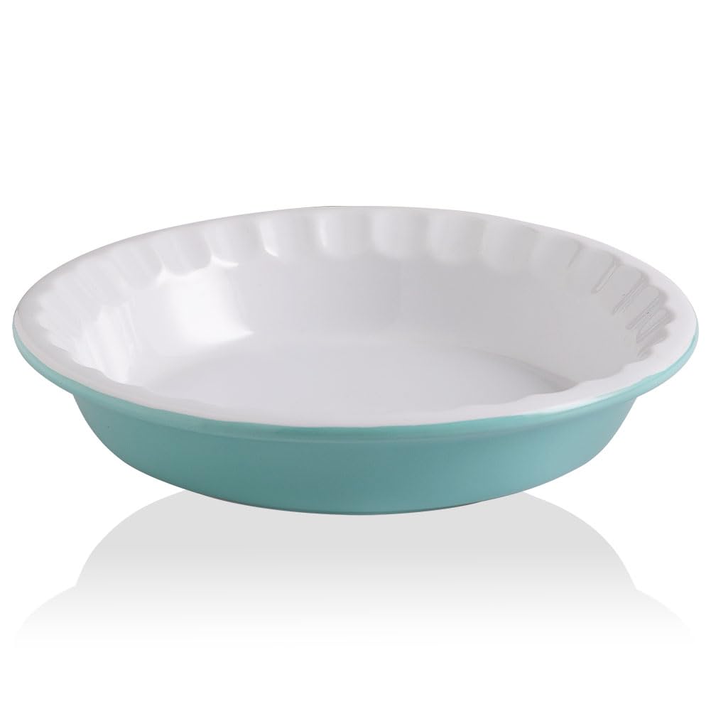 Sweejar Ceramic 10.4 Inch Pie Pan, Deep Porcelain Round Dish, Non-Stick Baking Plate for Pumpkin and Apple Pies, Farmhouse Design (Turquoise)