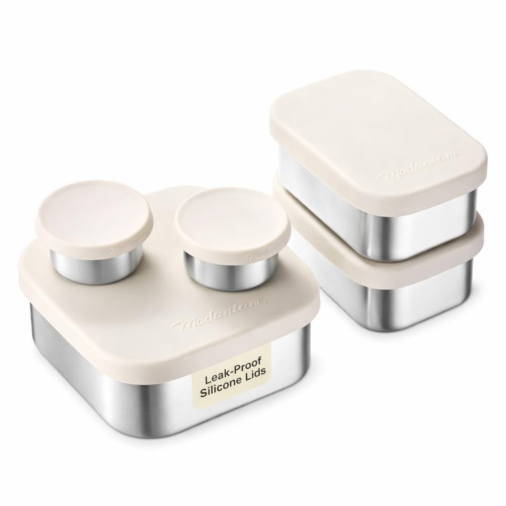 Flexibento - Leak proof Stainless Steel Lunch Box Containers, Sandwich and Snack Containers with Silicone Lids Metal Lunch Box, Bento Box, Set of Five, Vanilla, 1*25 OZ+ 2*13 OZ + 2 *2 OZ