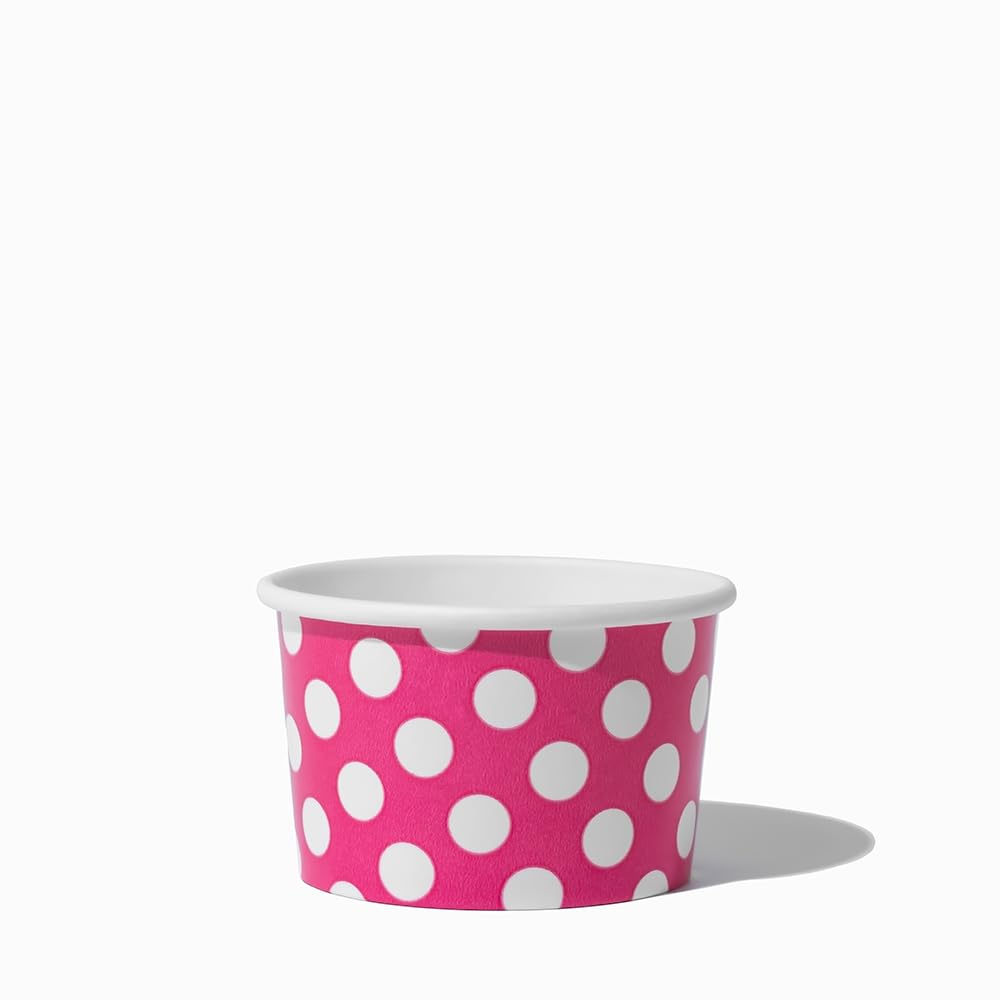 UNIQ 4 oz 1000 Pack Pink Polka Dot Ice Cream Cups | Disposable Leak Resistant Paper Dessert Cups for Ice Cream, Frozen Yogurt & Gelato | Small Food Serving Cups for Parties, Catering & Business