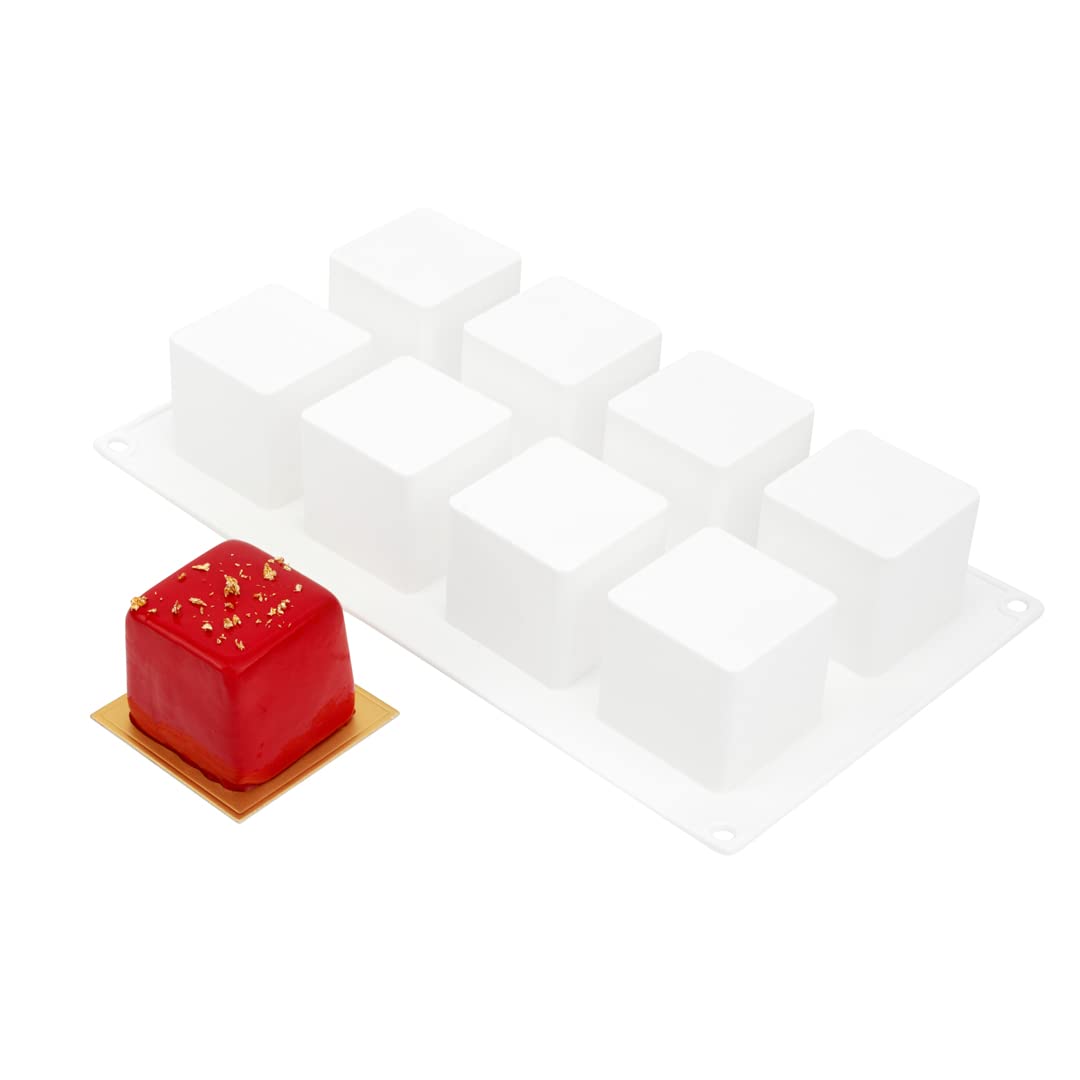 Pastry Tek 8 Cavities Square Cupcake Pan, 1 Oven-Ready Square Mold - Flexible, Freezable, White Silicone Petit Four Mold, Easy Release, For Baking - Restaurantware