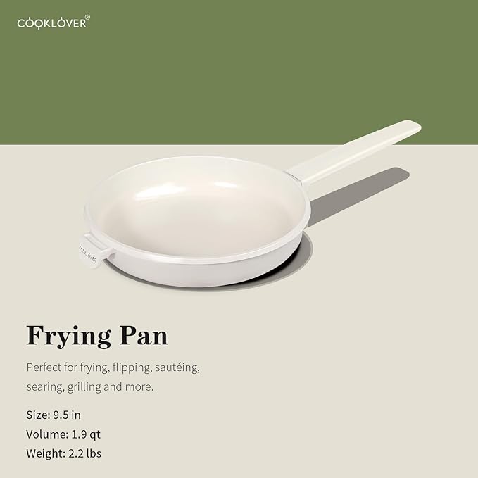 COOKLOVER Nonstick Ceramic Fry Pan, Non-Toxic, PTFE&PFOA Free, Induction Compatible Egg Skillet Frying Pan with Heat Resistant Handle, 9.5 Inch – Cream White
