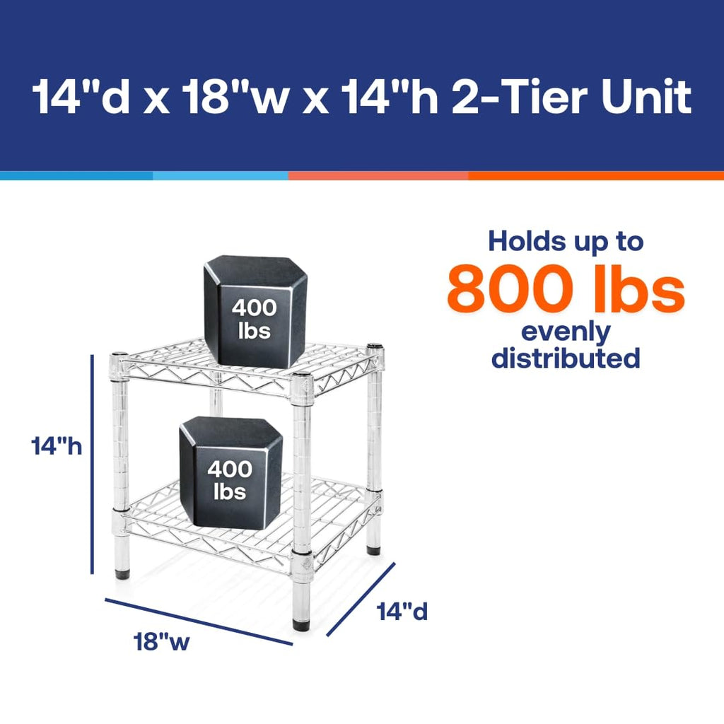 Shelving Inc. 14" d x 18" w Chrome Wire Shelving with 2 Tier Shelves, Weight Capacity 800lbs Per Shelf