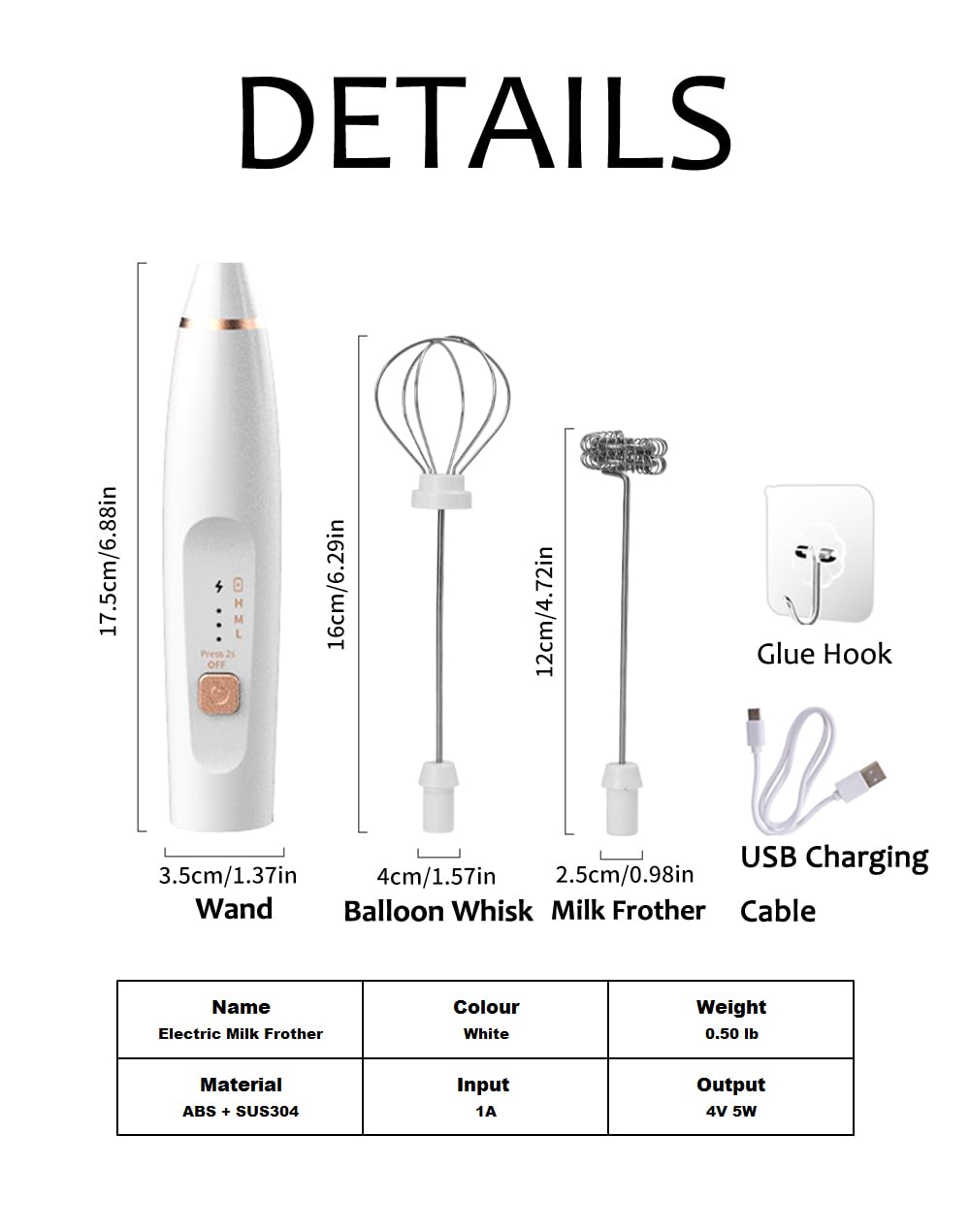 Milk Frother Handheld Foam Maker with 2 Stainless Stirring Head 3 Speed Rechargeable Electric Blender Milk Frother Wand Drink Mixer for Cappuccino Matcha Latte Hot Chocolate Protein Powder Egg (White)