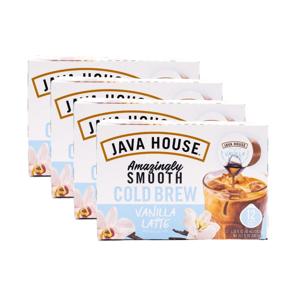 JAVA HOUSE French Vanilla Latte Cold Brew Coffee Capsules, 1.35 Fluid Ounces (48 Count) Peel and Pour, TSA Approved, Travel Friendly Cold Brew, Hot or Iced