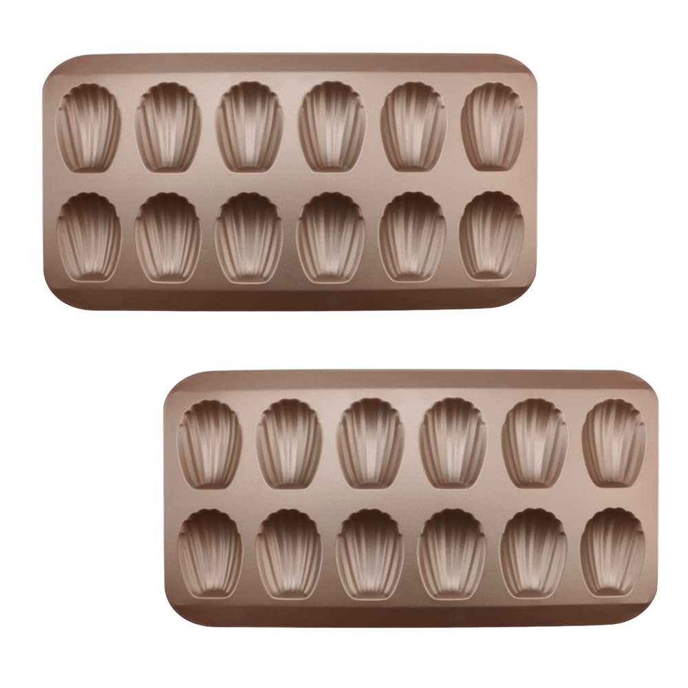 2 Pack Madeleine Pans for Baking, 12 Cavity Heavy Duty Shell Shape Baking Mold Nonstick Cookie Cake Pan for Oven（Gold）