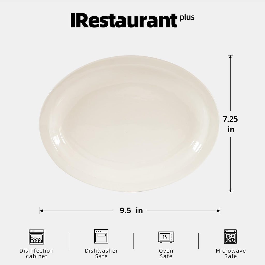 IRESTAURANT PLUS Stoneware Narrow Rim Commercial Grade Dinnerware, America White, Oval Platter 9.5" x 7.25", Cae of 24