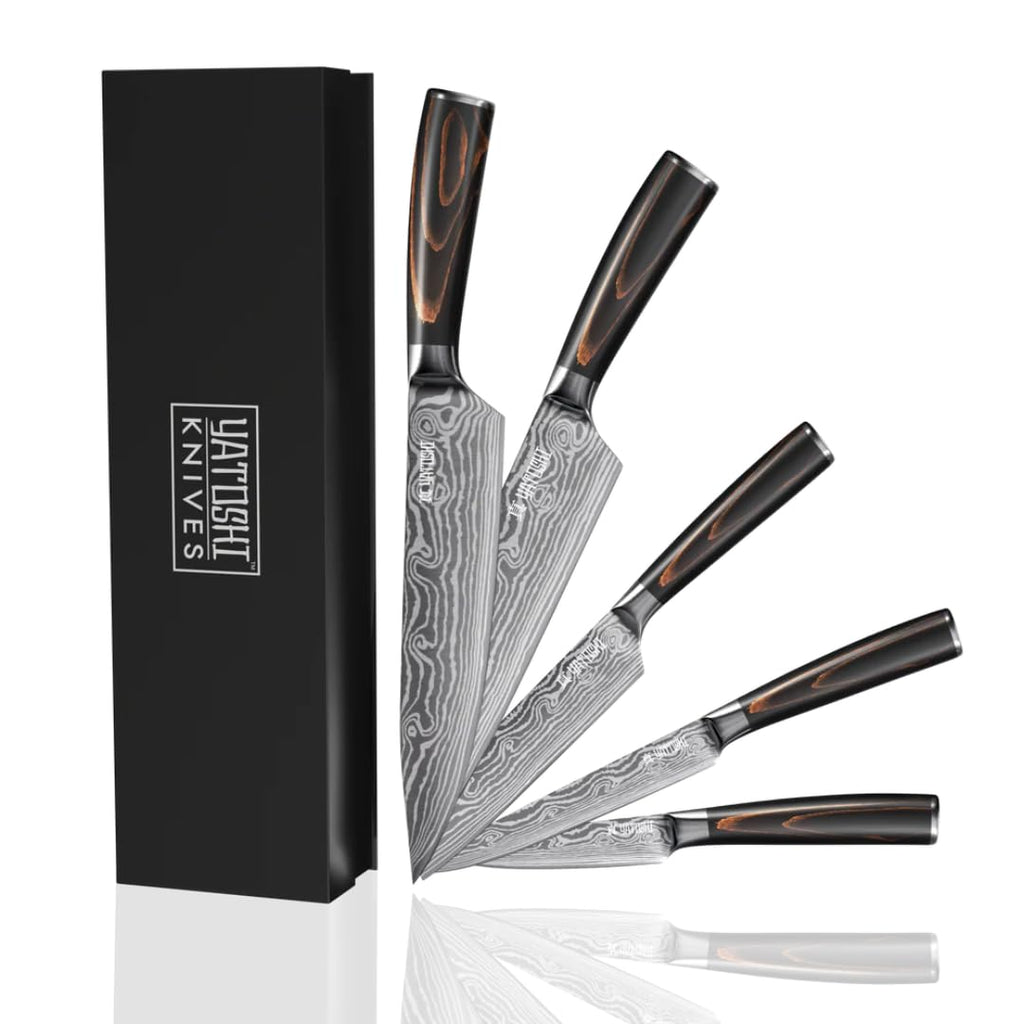 Yatoshi 5 Piece Knife Set - Pro Kitchen Knife Set Ultra Sharp High Carbon Stainless Steel with Ergonomic Handle