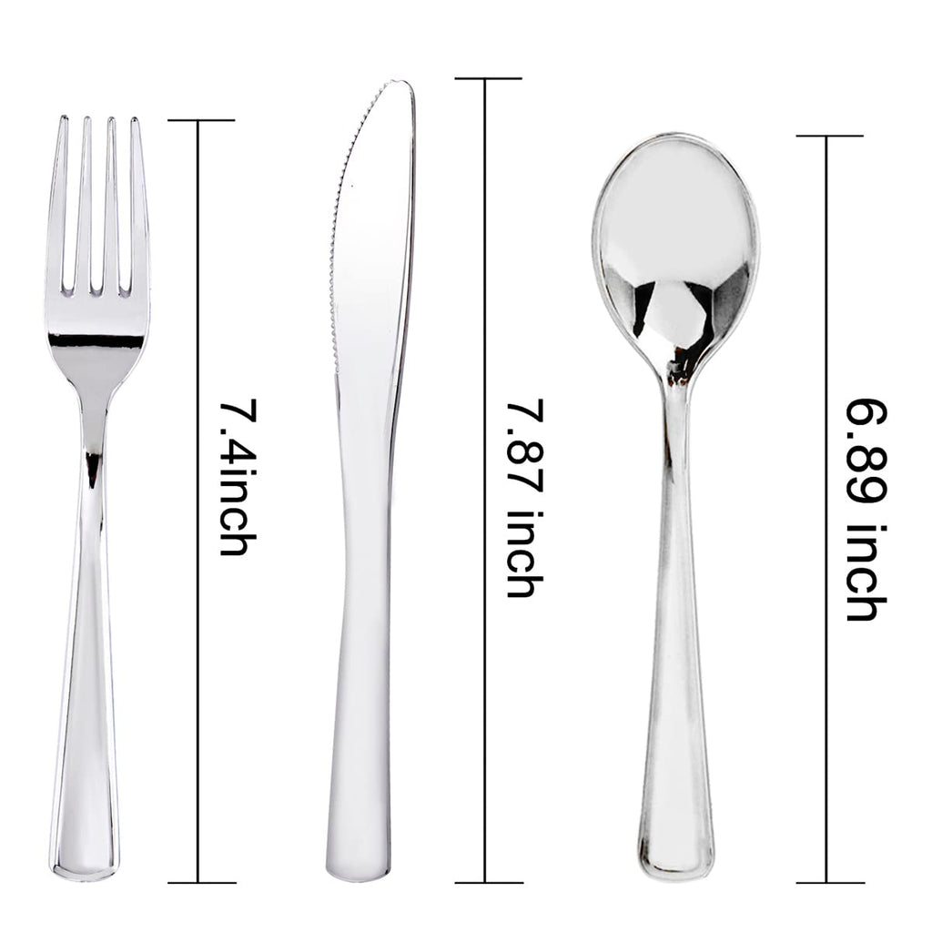 WDF 180 Pieces Silver Plastic Silverware - Silver Plastic Cutlery - Fancy Plastic Silverware Heavy Duty - 60 Forks 60 Knives 60 Spoons - Disposable Plastic Utensils Perfect for Party Wedding