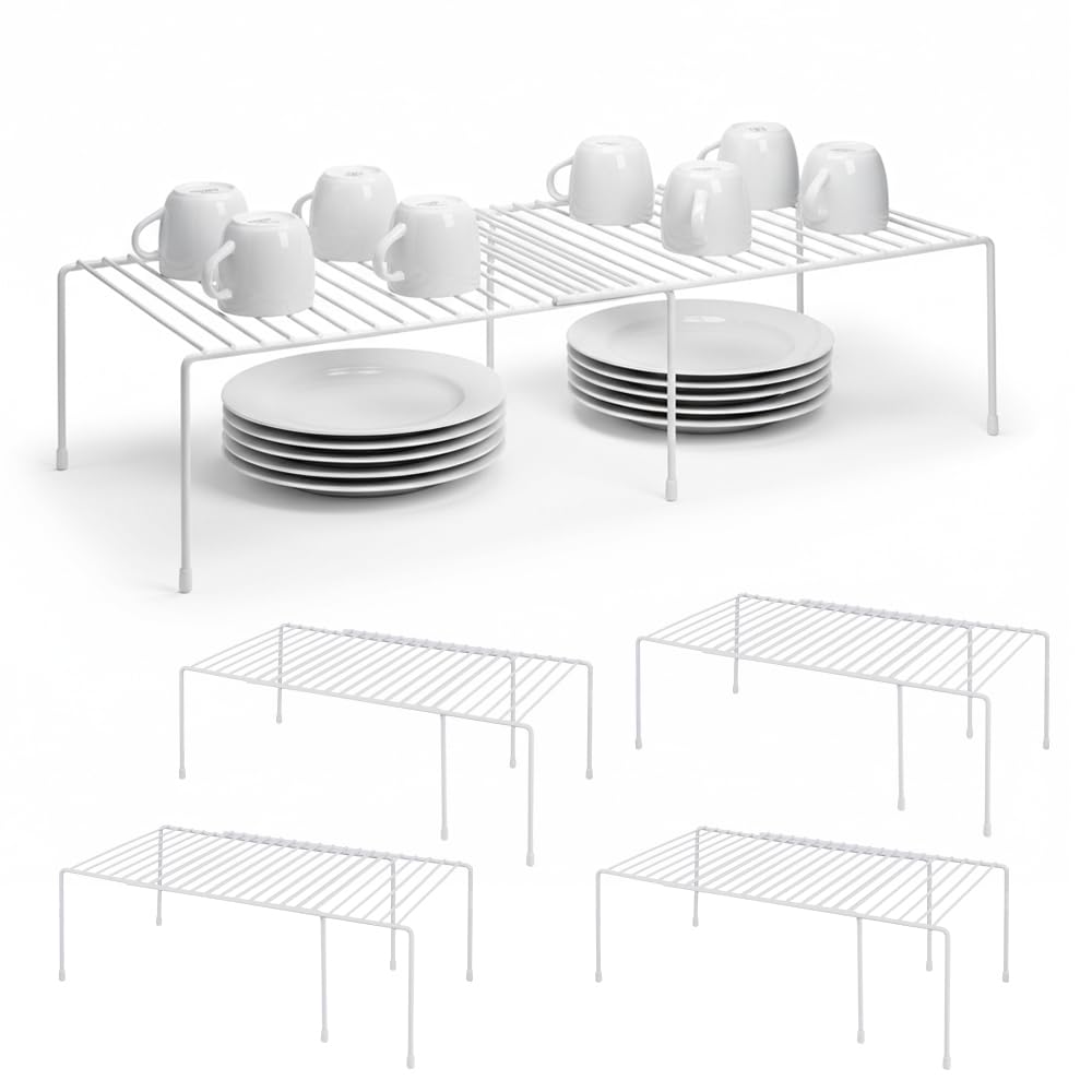 ziroland 4-Pack Expandable Medium (13.4-25.1x9inch) Kitchen Organizer Rack, Kitchen Shelves for Spice Organization for Cabinet, Pantry Organizers and Storage, Spice Rack, Desk Organizer, White