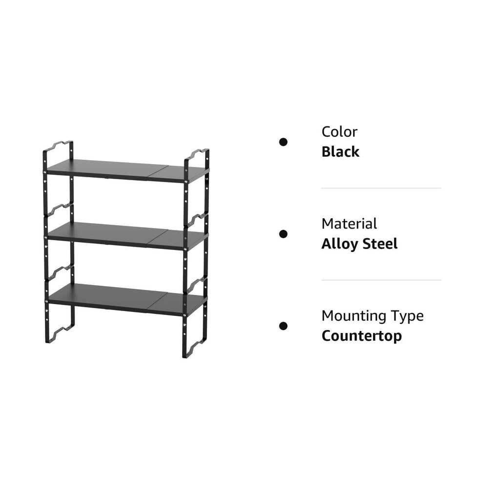 Jojocross Expandable Shelf for Cabinet Organizer Adjustable and Stackable Spice Rack at Kitchen and Bathroom More, Counter Countertop Cupboard Organization Pantry Storage(LARGE/3PACKS/BLACK)