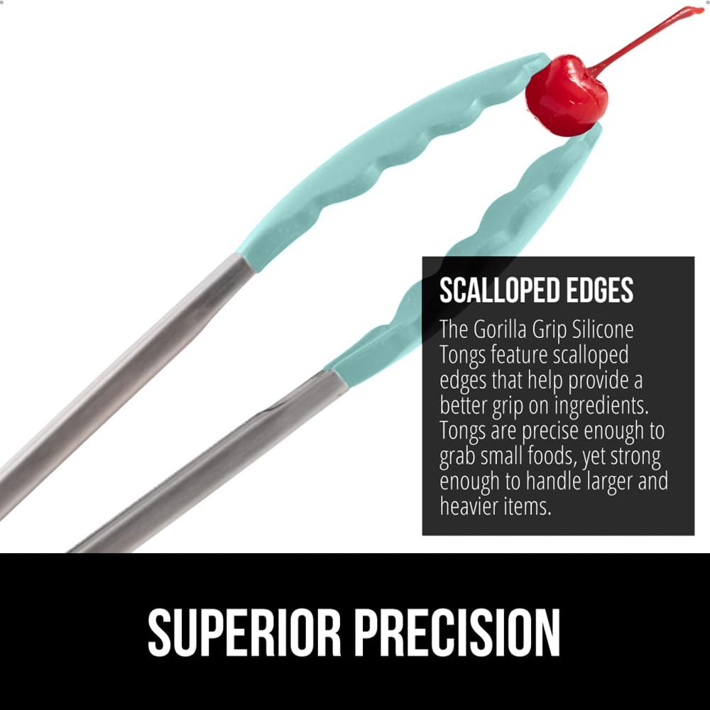 GORILLA GRIP Stainless Steel BPA-Free Kitchen Tongs for Cooking, 9+12 Inch, Heat Resistant BBQ Tong Set of 2, Non Scratch Silicone Tip for Pan, Strong Grip, Grab Food, Toss Salad, Pull Lock, Mint