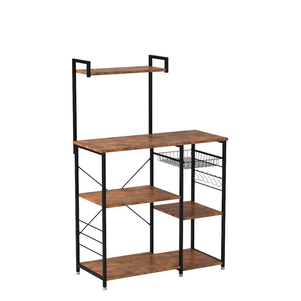 VASAGLE Baker's Rack, Microwave Stand, Kitchen Storage Rack with Wire Basket, 6 Hooks, and Shelves, for Spices, Pots, and Pans, Rustic Brown and Ink Black UKKS35X