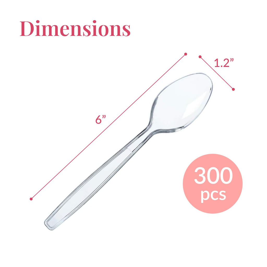 Prestee 300 Plastic Spoons Bulk - 6-Inch Heavy Duty Disposable Silverware and Plastic Utensils Set - Durable Clear Cutlery for Hot and Cold Food - Strong Spoon Flatware for Parties and Events