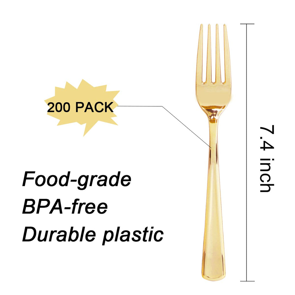 Liacere 200pcs Gold Plastic Forks - Heavyweight - 7.4 Inch Heavy Duty Forks - Gold Plastic Silverware Perfect For Parties & Weddings & Restaurants & New Year And Daily Using&Christmas&New Year