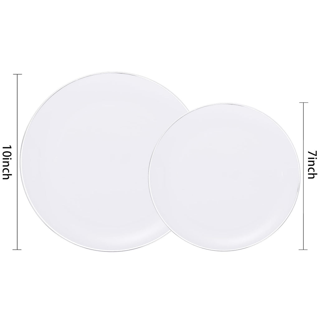 KIRE 200PCS Silver Plastic Plates - White Plastic Plates with Silver Rim Include 100 Dinner Plate and 100 for Dessert/Salad Plate for Birthday/Wedding/Party