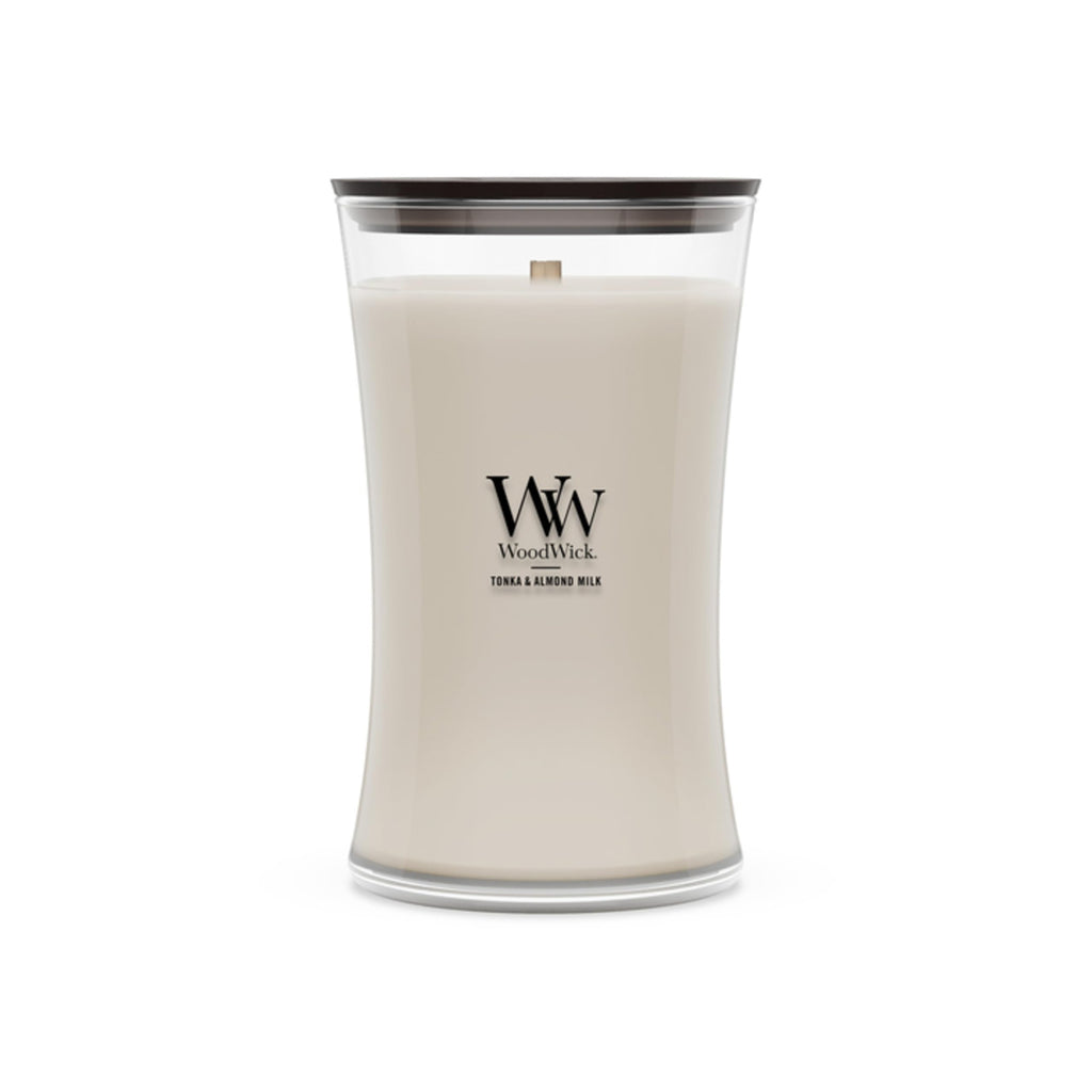 WoodWick Tonka & Almond Milk Gifts for Women and Men, 21.5 oz Large Hourglass Candle with Crackling Wick