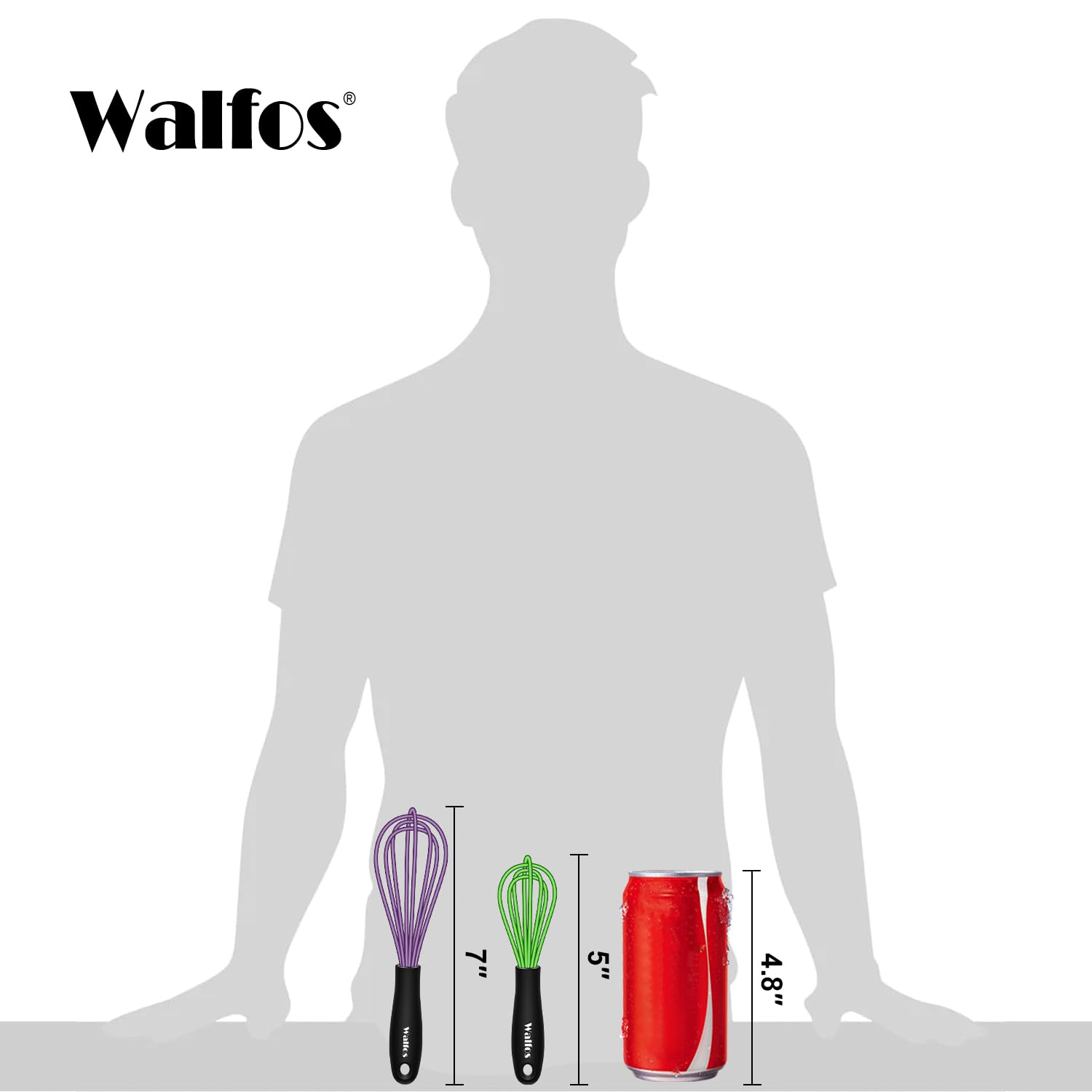 Walfos Whisk,5+7Inch Mini Whisks,Silicone Non Scratch whisk,Heat Resistant(480°F) Small whisks Suitable for stirring individual eggs and mixing small amounts of powder and sauce. Purple & Green