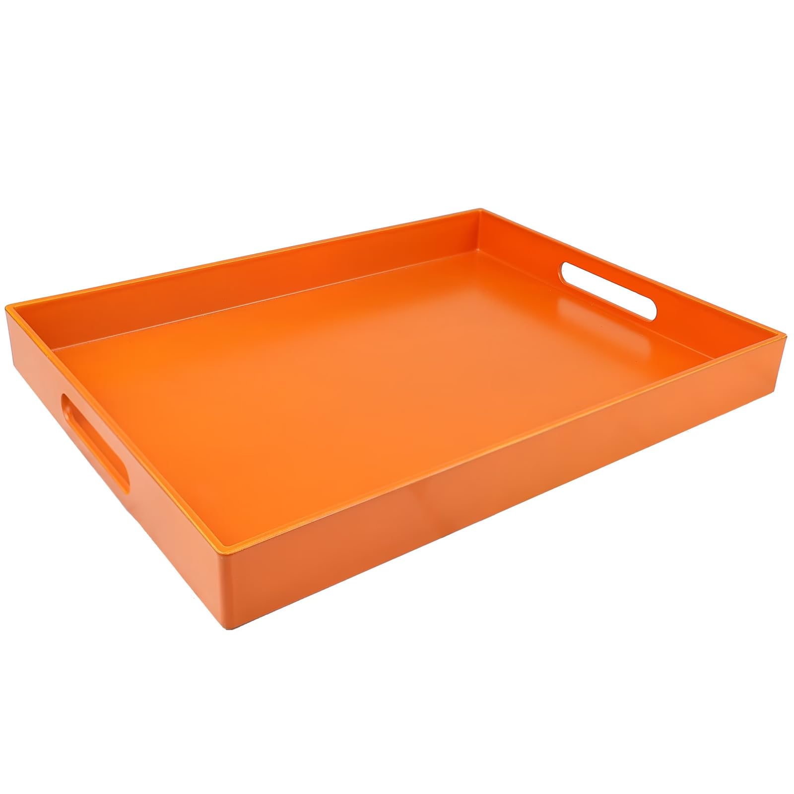 SforGUVA Ornage Serving Tray for Coffee Table, Rectangular Plastic Decorative Tray with Handles for Entertaining, Outdoor Patio, Living Room, Ottoman, Bathroom Counter, 11.8”*15.7”*1.6”