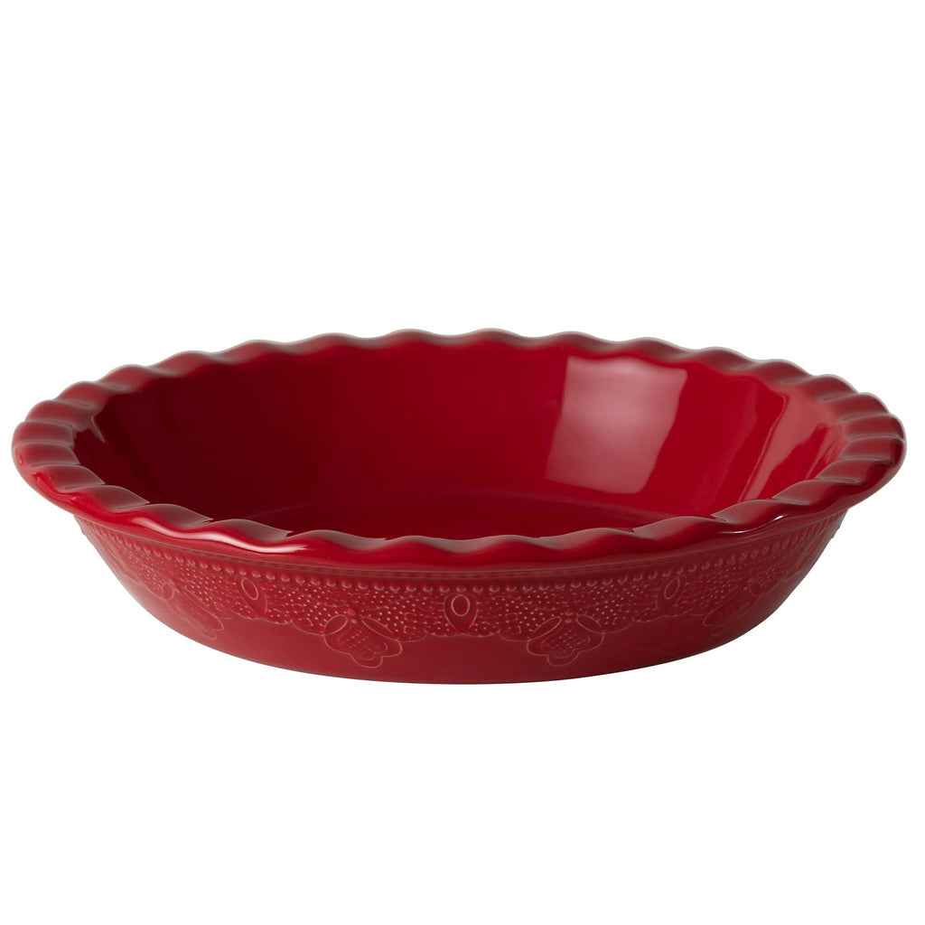 Fun Elements Pie Pan, 9 Inch Ceramic Pie Dish, Deep Dish Pie Pan with Lace Emboss, Ruffled Pie Plate for Baking, Thanksgiving Christmas Gifts(Christmas Red)