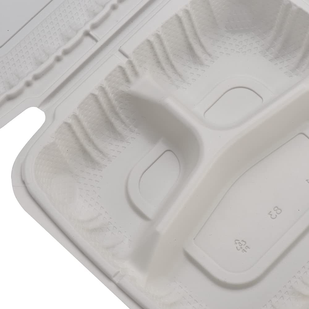 TIYA Clamshell Food Containers - White Bulk 150 Pack, 8x8 in - 3-Compartment To-Go Containers - Microwavable Plastic with Hinged Lid - Great for Meal Prep - BPA-Free