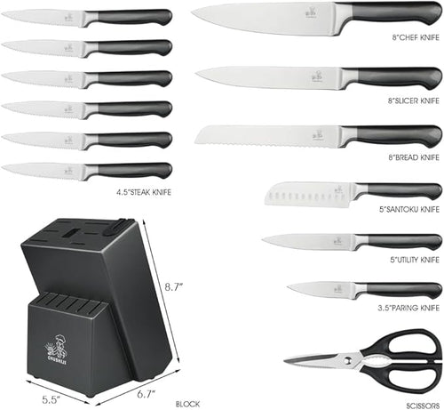 15 Piece Stainless Steel Kitchen Knife Set with Block, Built-in Sharpener, Dishwasher Safe Home Chef Cutlery Set, Elegant Gift Box, Ideal Housewarming & Wedding Gift