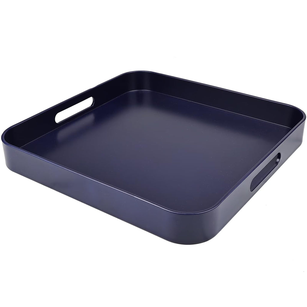 SforGUVA Square Navy Blue Decorative Serving Tray with Handles, Versatile Ottoman Tray for Coffee Table, Entertaining, Outdoor Patio, Living Room, 13”*13”*1.6”