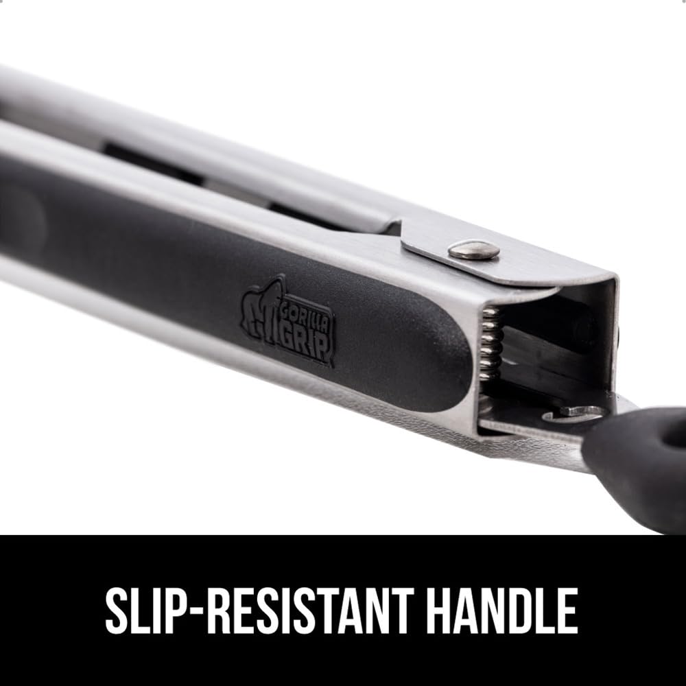 GORILLA GRIP Stainless Steel BPA-Free Kitchen Tongs for Cooking, 7+9+12 Inch, Heat Resistant BBQ Tong Set of 3, Non Scratch Silicone Tip for Pan, Strong Grip, Grab Food, Toss Salad, Pull Lock, Black