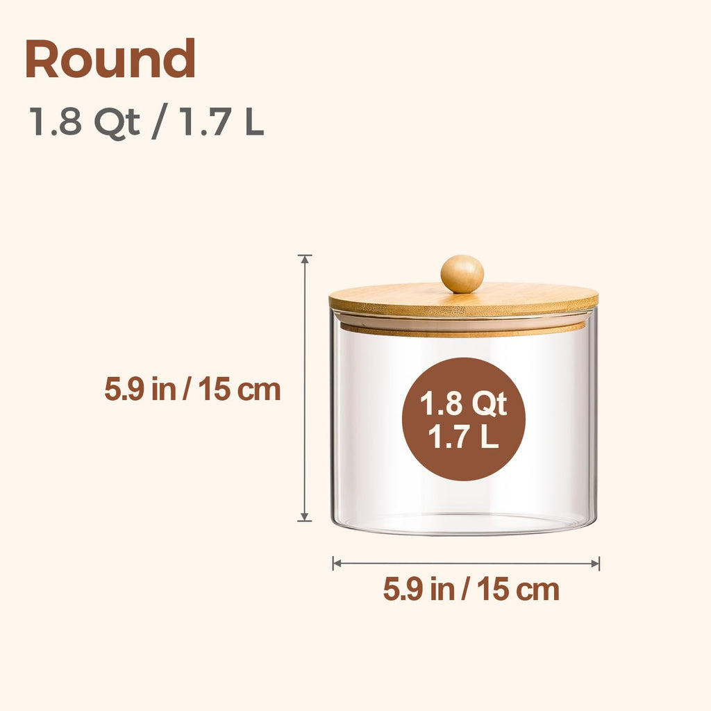 ComSaf Glass Storage Jars with Bamboo Lids 1.8 Qt 2 Pack Large Round