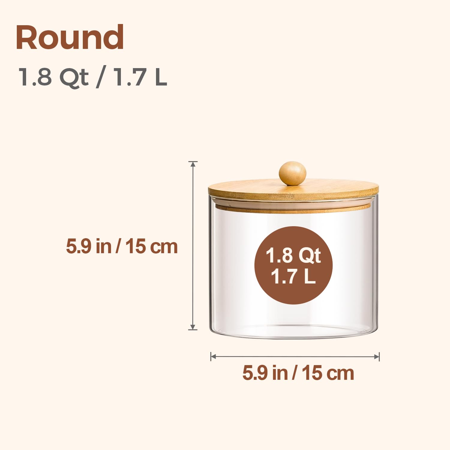 ComSaf Glass Storage Jars with Bamboo Lids 1.8 Qt 2 Pack Large Round