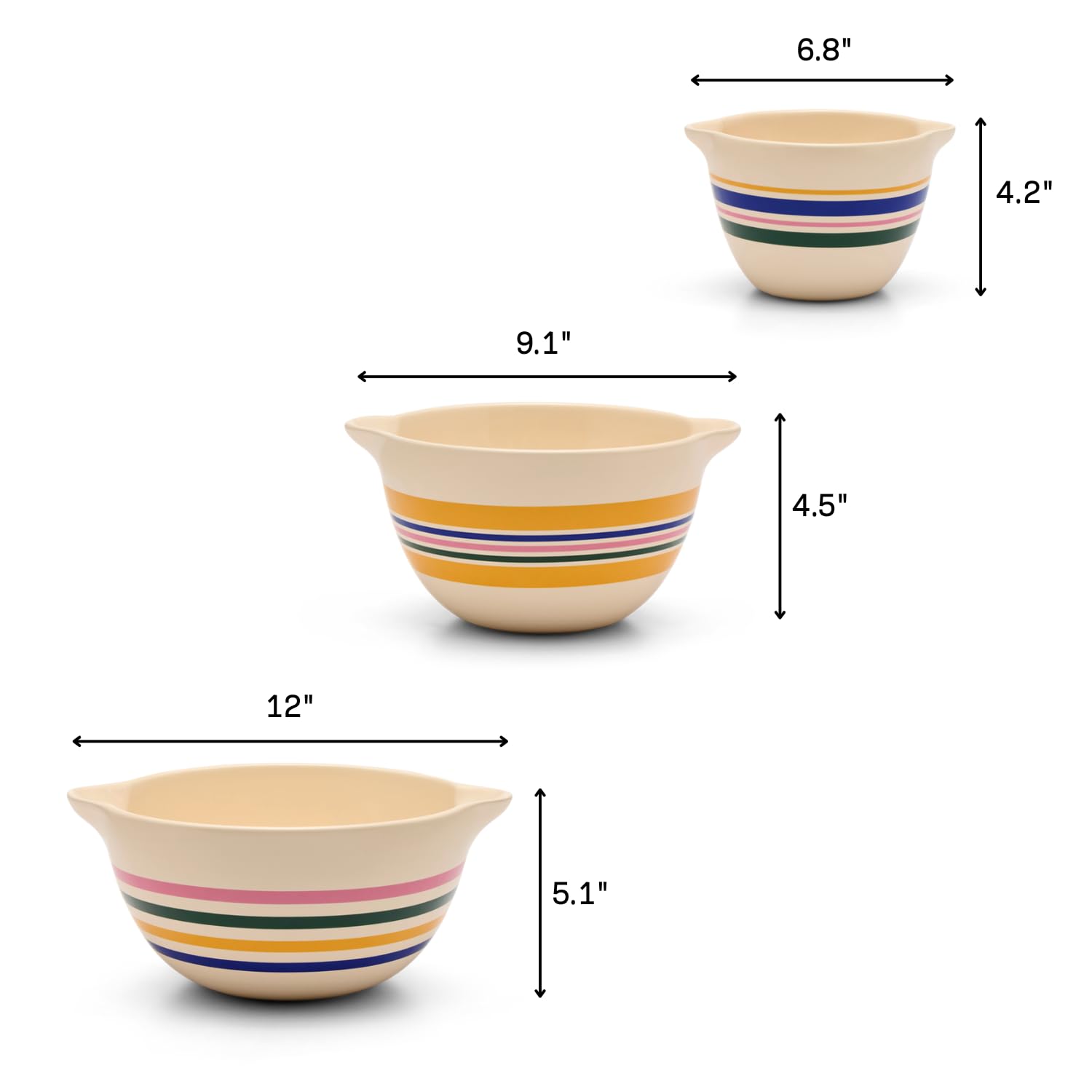 Great Jones 3-Piece Ceramic Mixing Bowl Set(6.8", 9.1", 12") (Striped)