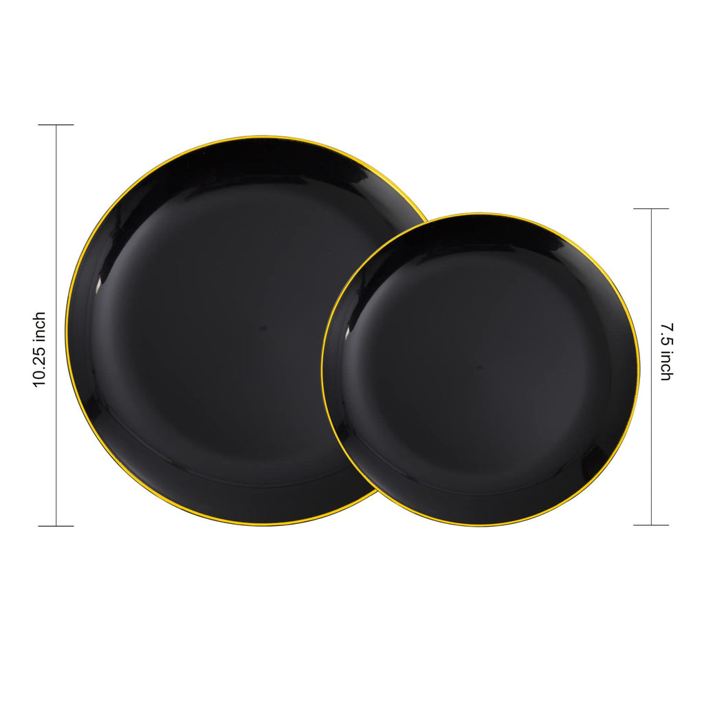 KIRE 60PCS Black Plastic Plates - Black Disposable Plates with Gold Rim - Include 30Pcs 10.25inch for Dinner and 30Pcs 7.5inch for Dessert for Wedding/Graduation/Party