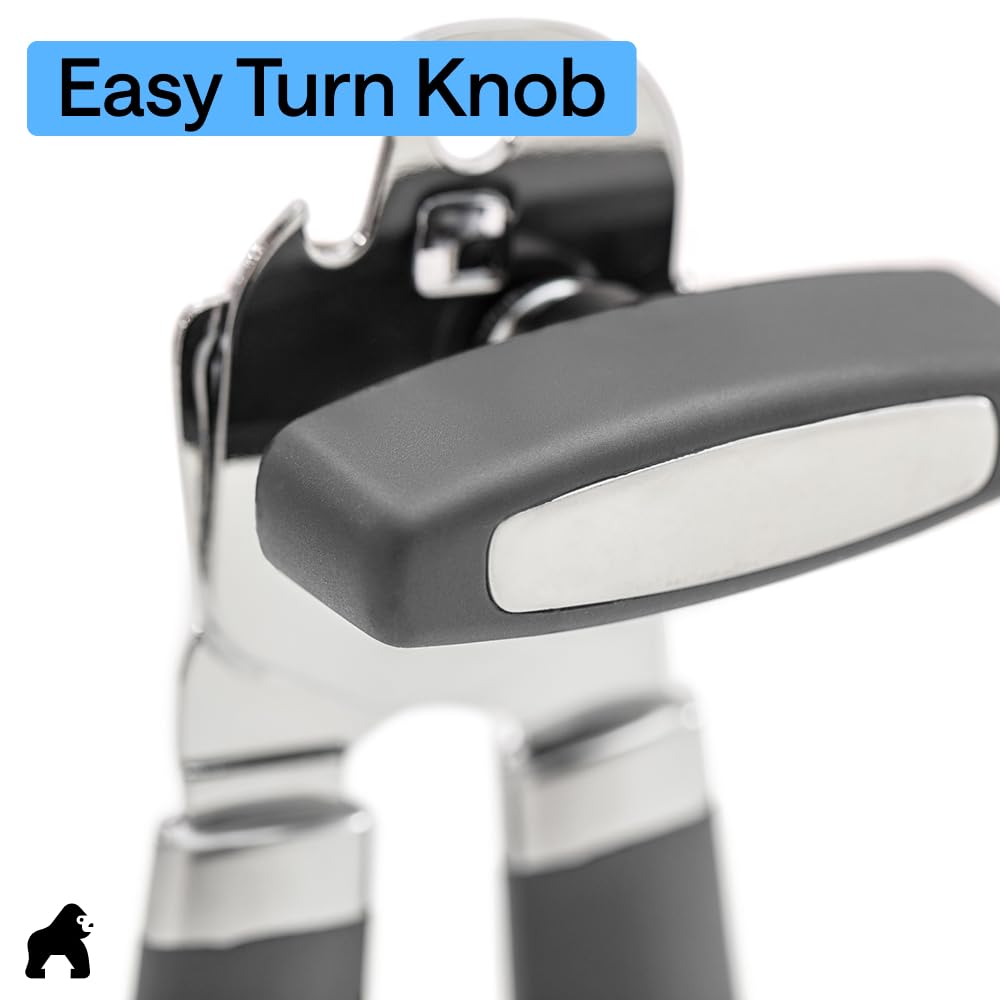 GORILLA GRIP Original Model Stainless Steel Smooth Edge Manual Can Opener and Bottle Openers, US Designed, Comfortable Handle, Oversized Handheld Turn Knob, Multifunctional Kitchen Tool, Gray