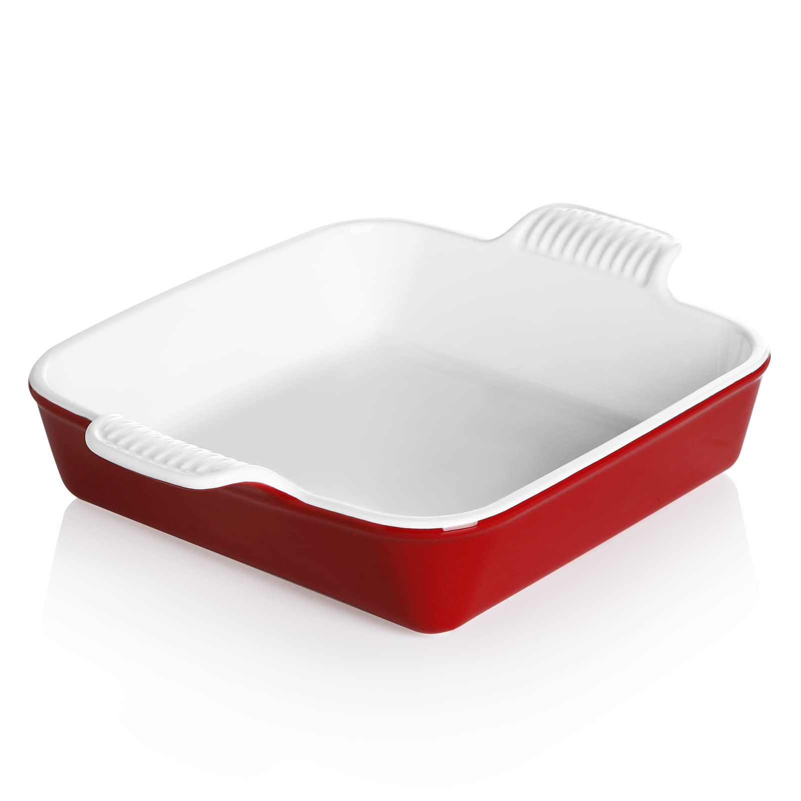 Sweejar Ceramic Baking Dish, 9 x 9 Cake Baking Pan for Brownie, Porcelain Square Bakeware with Double Handle for Casserole, Lasagna, Family Dinner (Red)