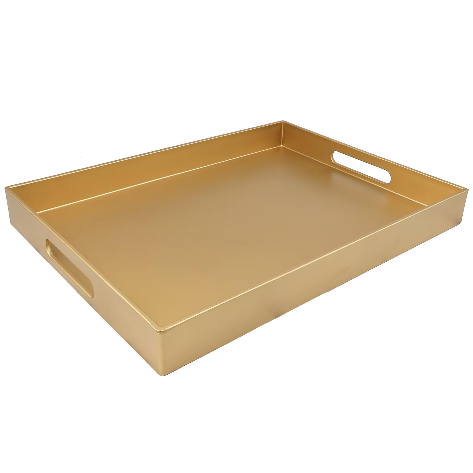 SforGUVA Gold Serving Tray for Coffee Table, Rectangular Plastic Decorative Tray with Handles for Entertaining, Outdoor Patio, Living Room, Ottoman, Bathroom Counter, 11.8”*15.7”*1.6”