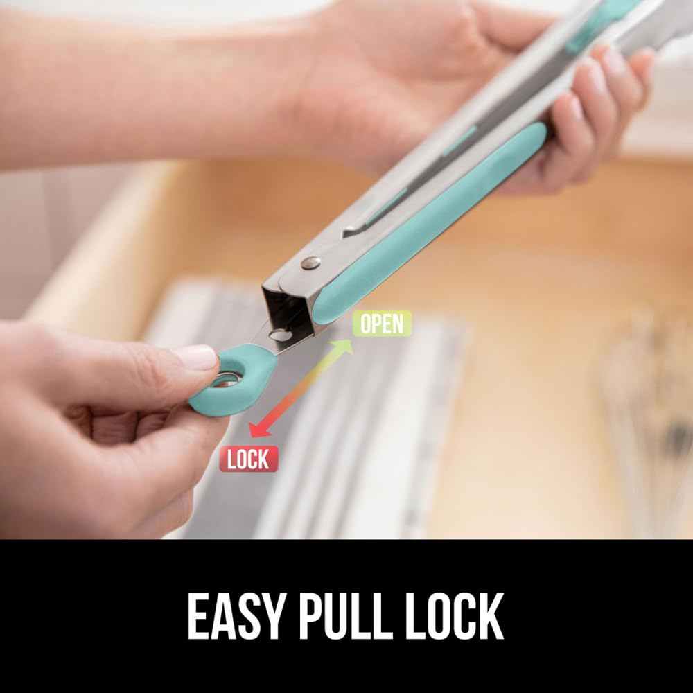 GORILLA GRIP Stainless Steel BPA-Free Kitchen Tongs for Cooking, 9+12 Inch, Heat Resistant BBQ Tong Set of 2, Non Scratch Silicone Tip for Pan, Strong Grip, Grab Food, Toss Salad, Pull Lock, Mint