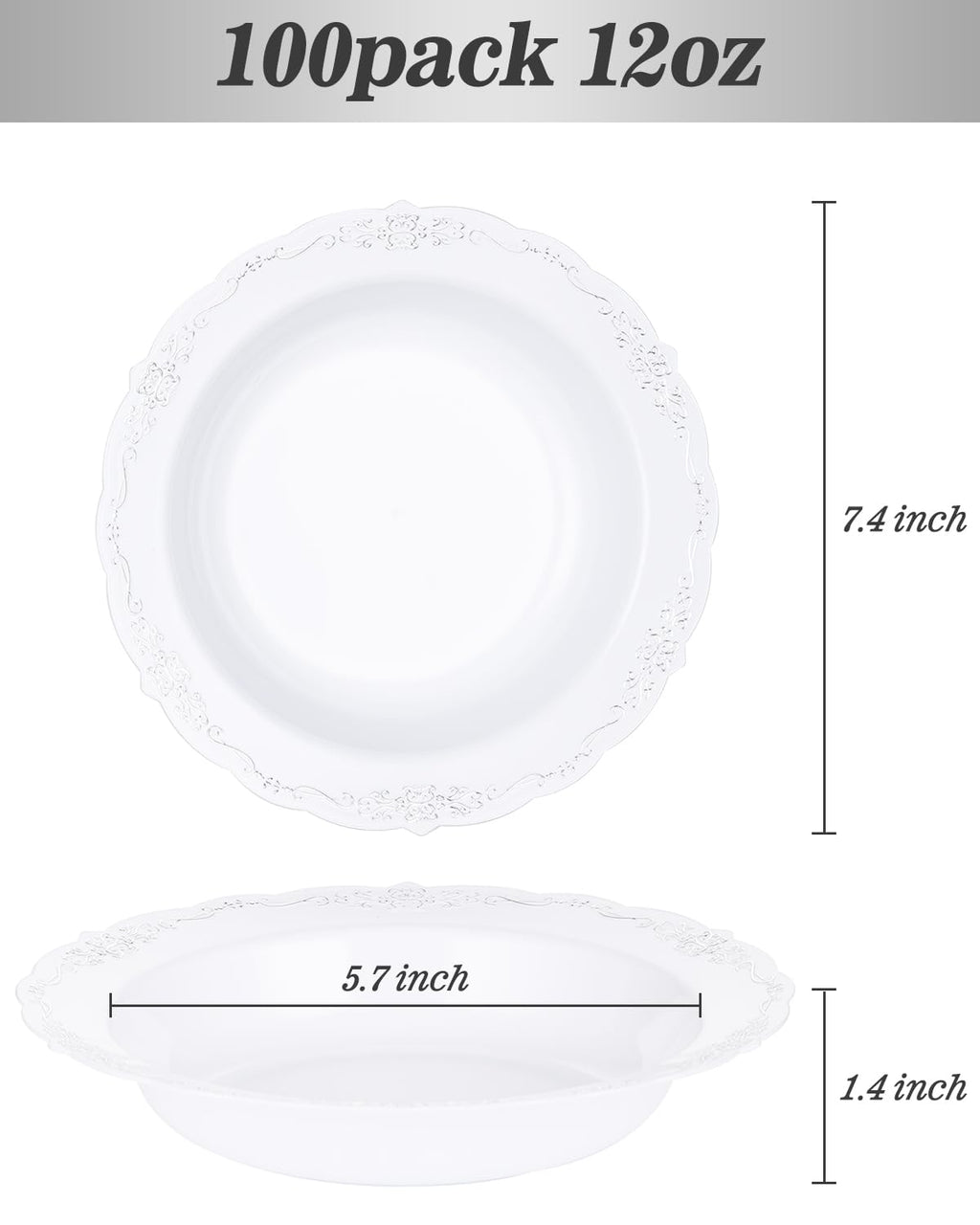 Bestluck 100 Pack White Plastic Bowls with Silver Rim