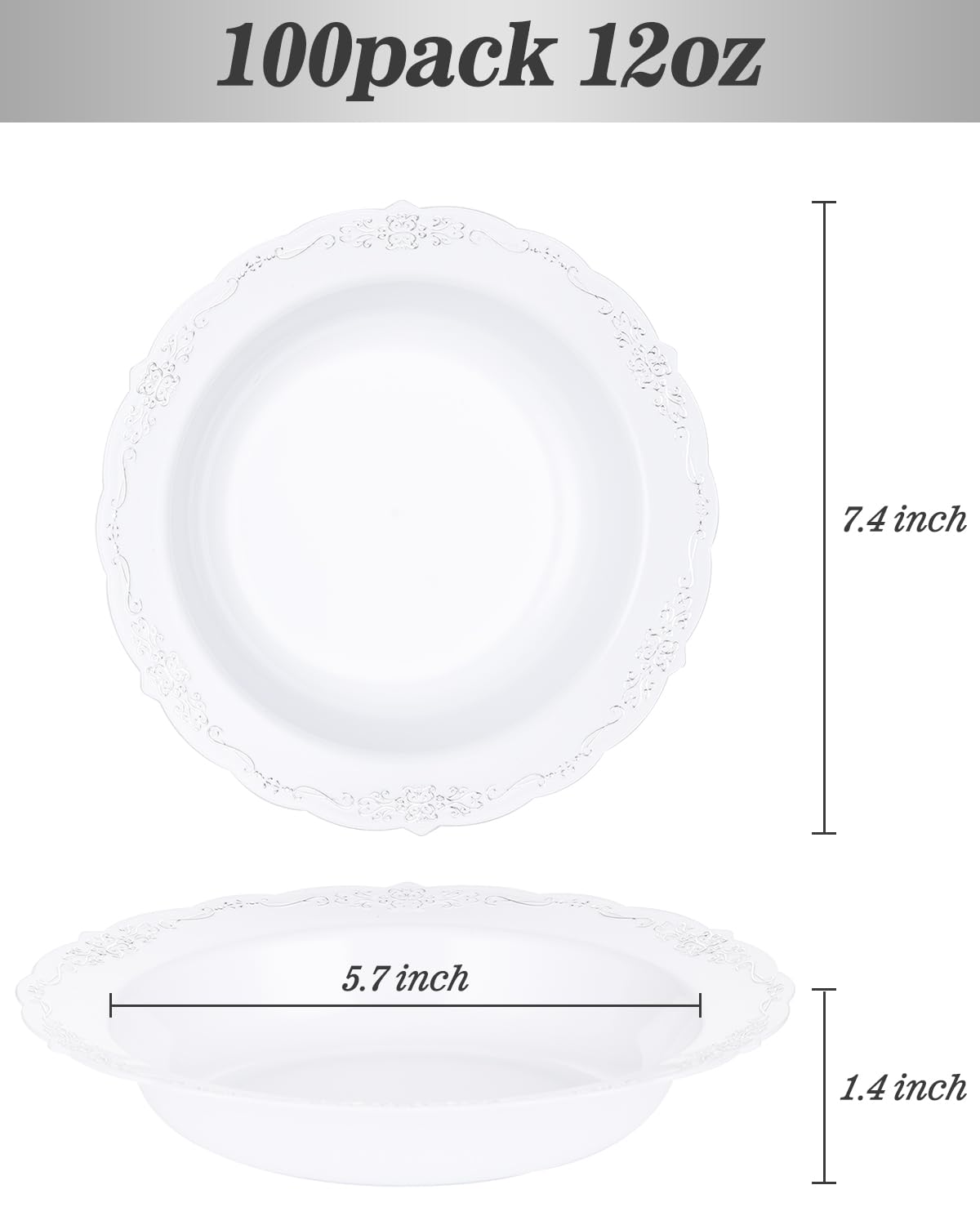 Bestluck 100 Pack White Plastic Bowls with Silver Rim