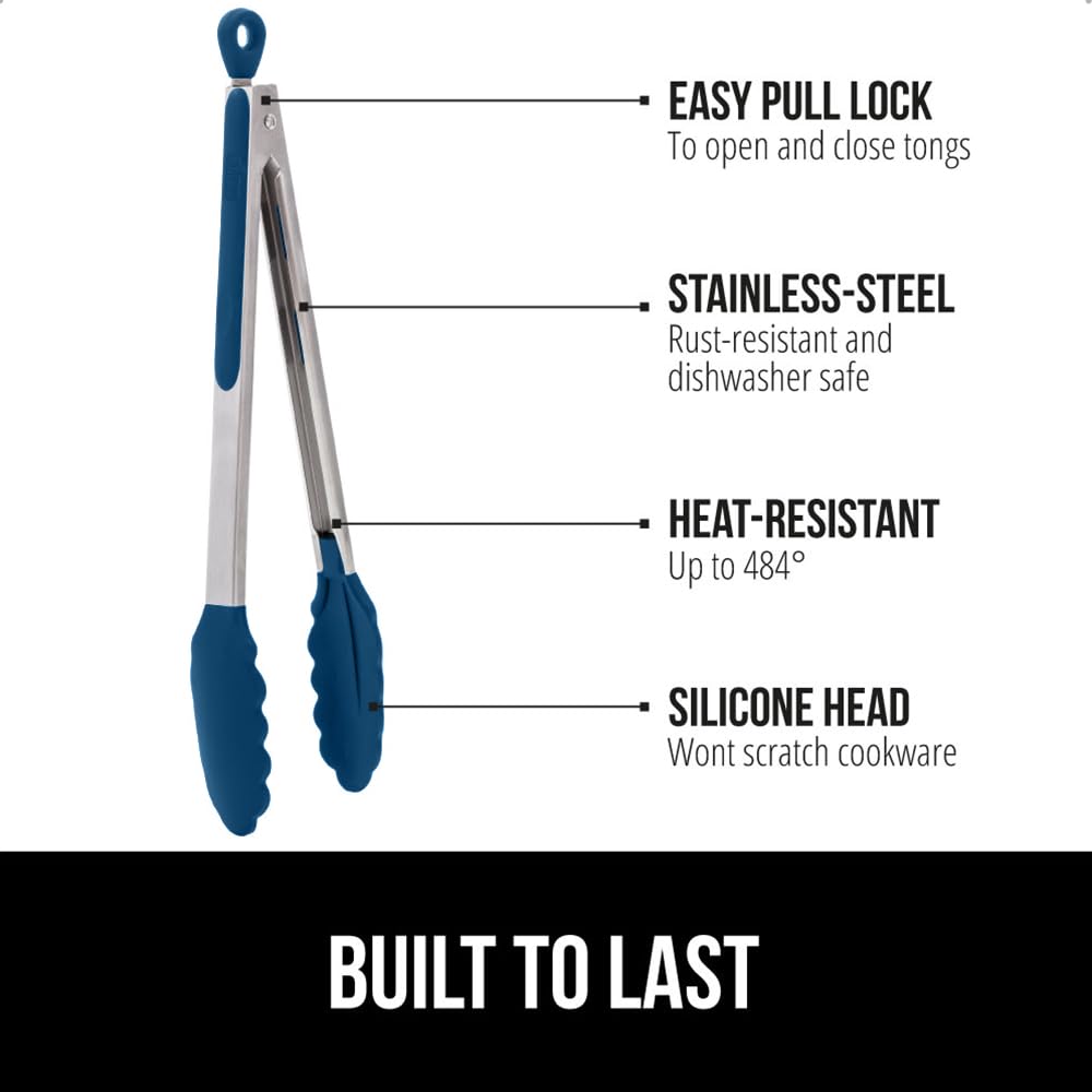GORILLA GRIP Stainless Steel BPA-Free Kitchen Tongs for Cooking, 9+12 Inch, Heat Resistant BBQ Tong Set of 2, Non Scratch Silicone Tip for Pan, Strong Grip, Grab Food, Toss Salad, Pull Lock, Blue