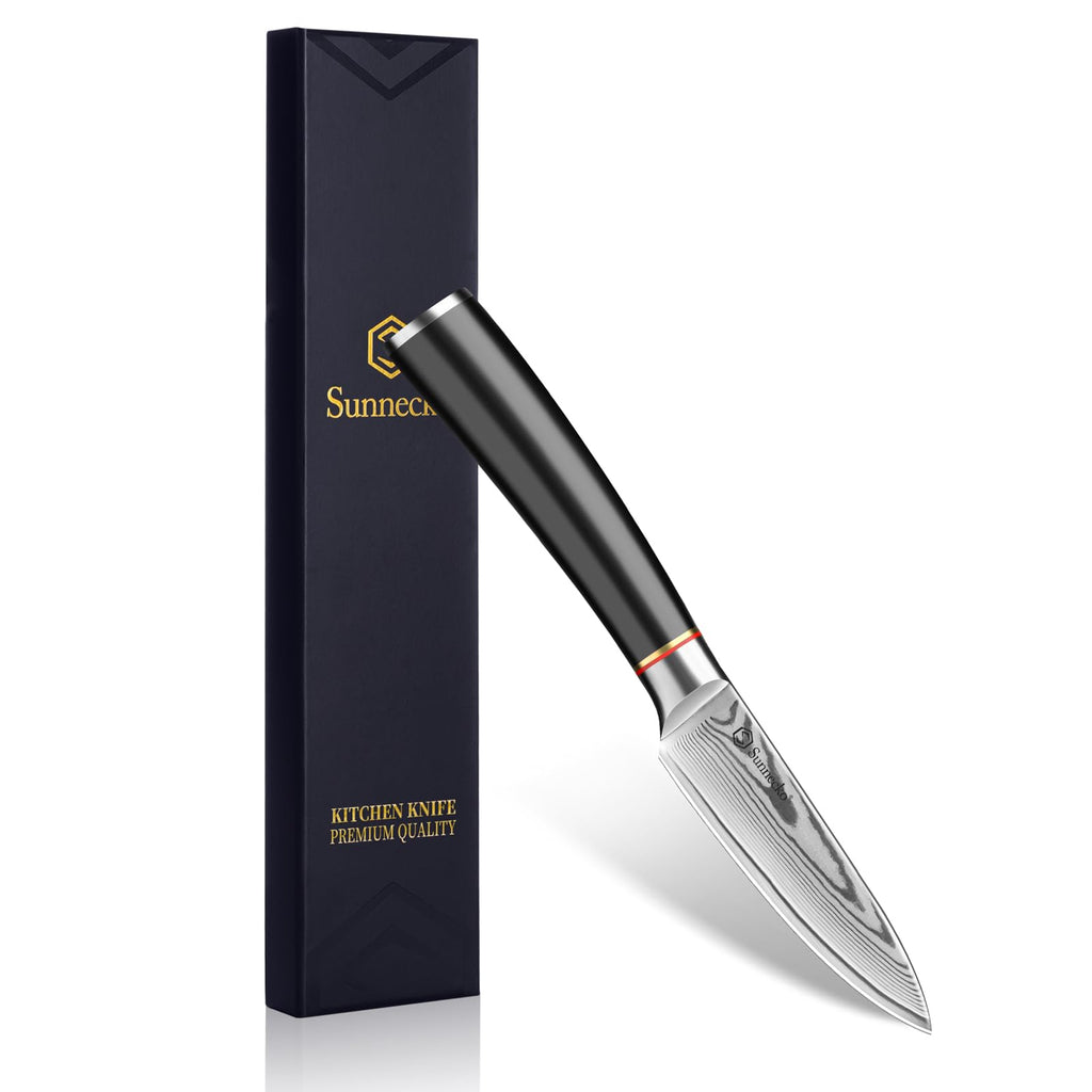 Sunnecko Damascus Paring Knife,Japanese VG10 Core Steel Damascus Fruit Knife,Professional Razor Sharp Small Kitchen Knives with Knives Sharpner
