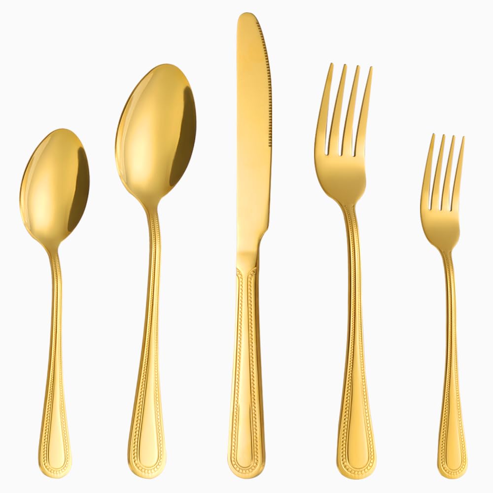 20 Pcs Gold Silverware Set for 4, Food Grade Stainless Steel Flatware Set, Eating Utensils Sets Include Fork/Knife/Spoon, Reusable Cutlery Set for Home Kitchen, Dishwasher Safe, Pearl-edged