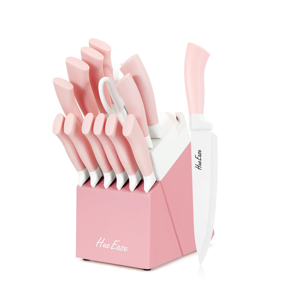 HueEase 14 Pieces Knife Set with Block, Ceramic White Coating, High Carbon Stainless Steel Sharp Blade Block Knife Set, Dishwasher Safe Cutlery, Colliding Pink