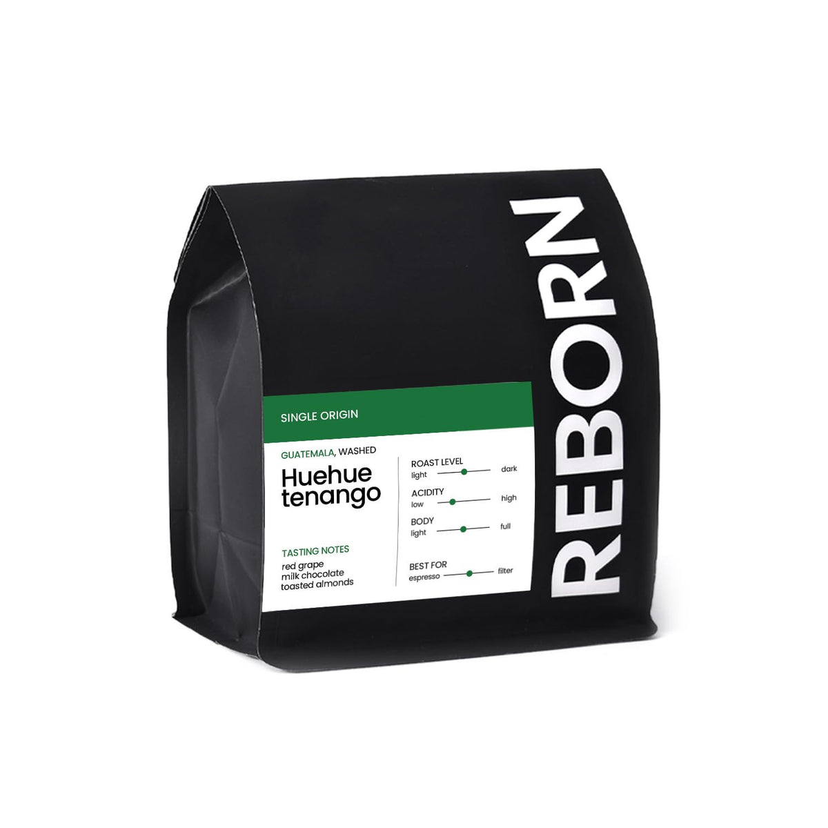 Reborn Coffee Specialty Whole Bean Coffee, Medium Roast, 12 Ounce, Guatemala Huehuetenango, Flavor Notes of Red Grape, Milk Chocolate, and Toasted Almonds