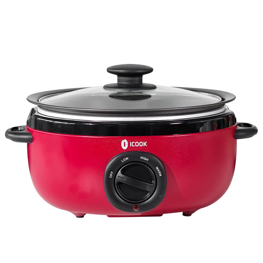 ICOOK USC-65-OP001RD 6.5 Quart Slow Cooker,Aluminium Sear/Sauté Stew Pot Stovetop safe,Dishwasher Safe,Glass Lid,Adjustable Temp,Food Warmer(Red)