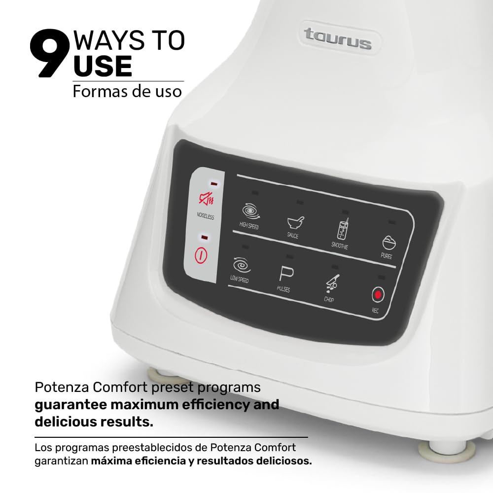 Taurus Potenza Comfort Blender, 1050W, 1.5L Glass Jar, Up to 50% Less Noise, Stainless Steel Blades, 9 Speed Settings, Quiet Powerful Blender for Smoothies, Ice, and Frozen Drinks